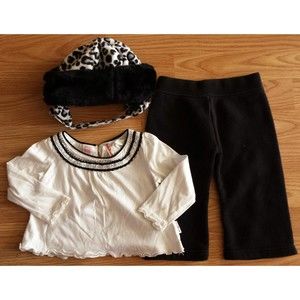 Girl's Size 12 M Months 3 Piece White/ Blk Silver Dot OKB Top, Black Pants & Hat